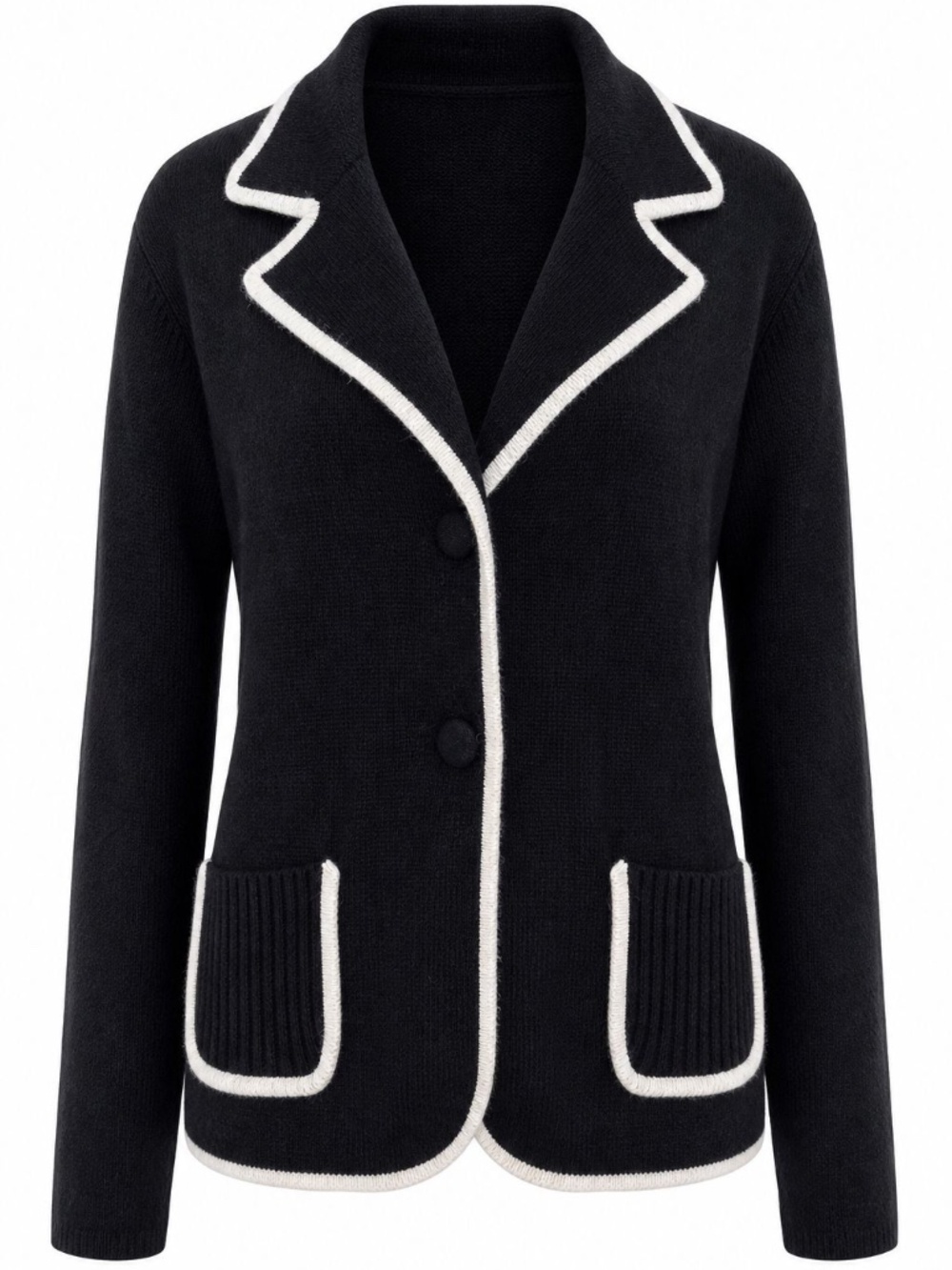 Kate Hill Black Knit Blazer White Piping Lambswool Cashmere M